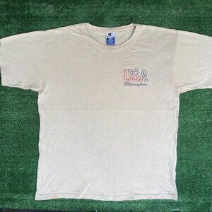 Vintage 90s Champion USA Shirt Neutral Beige Tan Logo Tee